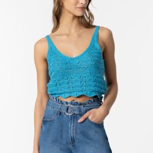 top cropped em malha com padrão rendado azul